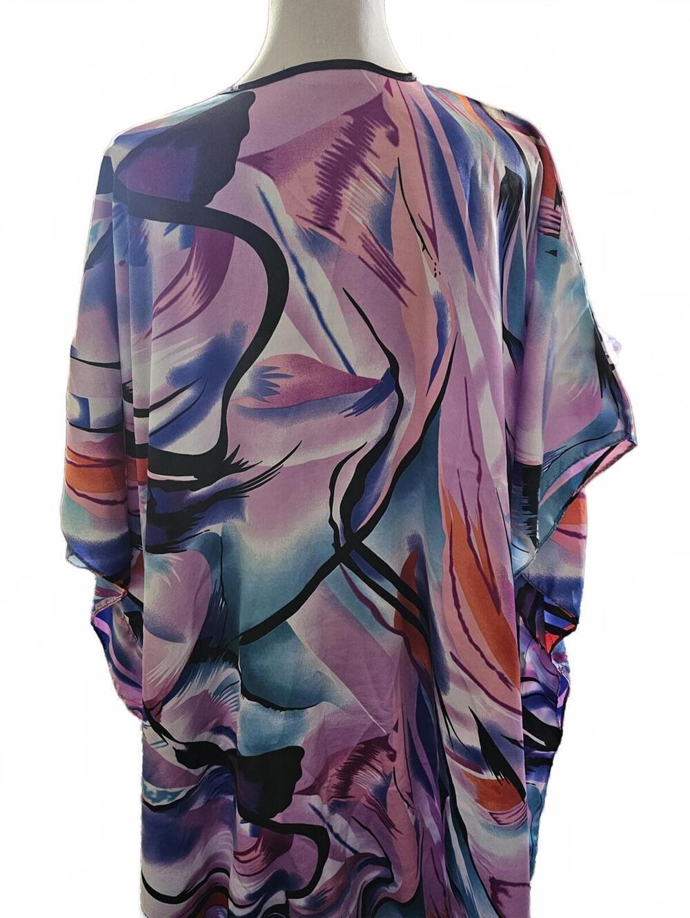 Women’s Abstract Print Caftan Maxi Dress One Size Polyester V-Neck - Picture 6 of 6